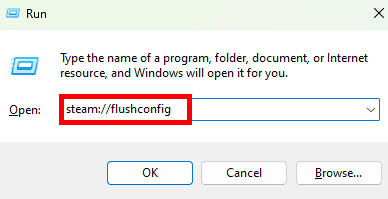 Въведете командата steam: flushconfig и натиснете Enter