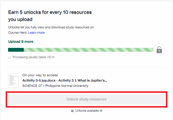 Faceți clic pe butonul Deblocați resursele de studiu după ce ați încărcat 10 documente.