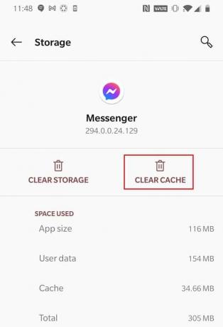 Stuknij Wyczyść pamięć podręczną, aby wyczyścić dane pamięci podręcznej dotyczące Messengera