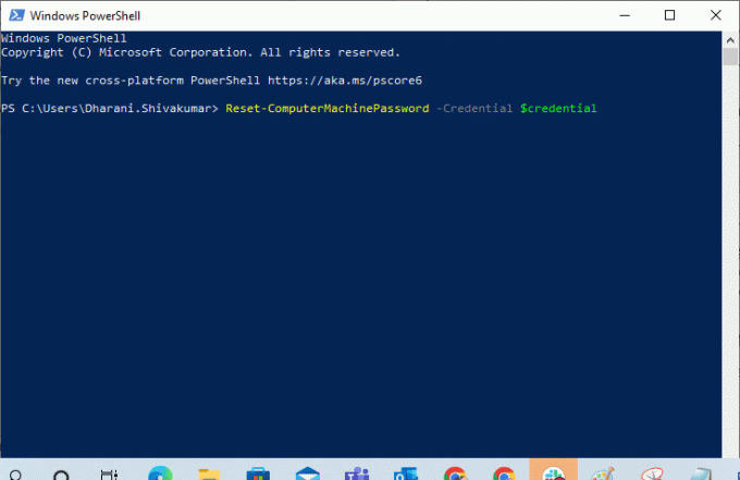 Ezután írja be a Reset-ComputerMachinePassword -Credential $credential parancsot, és nyomja meg az Enter billentyűt