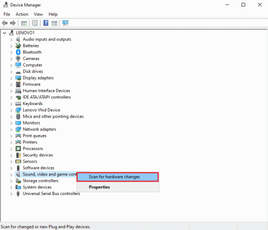 Klik met de rechtermuisknop op het scherm en selecteer Scannen op hardwarewijzigingen | Stotterend geluid in Windows 10 oplossen