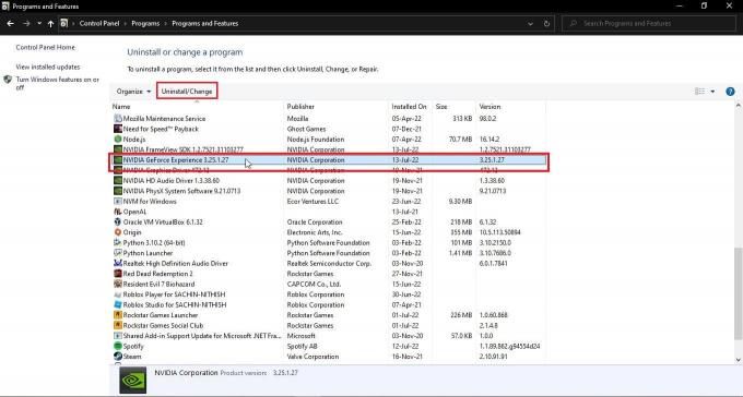 klik på Nvidia GeForce Experience-applikationen og klik på Afinstaller. Ret Nvbackend.exe-fejl i Windows 10