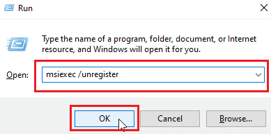  введите msiexec unregister, чтобы отменить регистрацию установщика Windows, и нажмите «ОК».