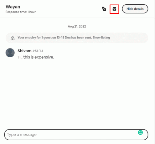 Fare clic sull'icona Archivio prima dell'icona Nascondi dettagli nella barra di navigazione superiore | Come eliminare un messaggio su Airbnb