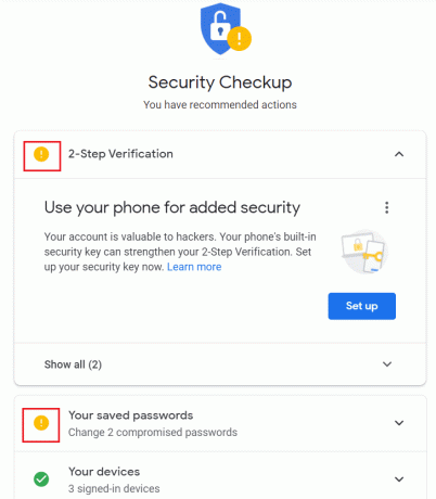 უსაფრთხოების შემოწმება გუგლის ანგარიშის უსაფრთხოების პარამეტრები