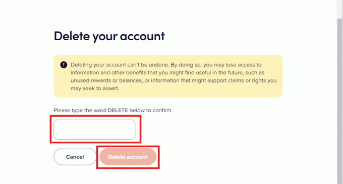 Escriba ELIMINAR en el cuadro correspondiente y haga clic en Eliminar cuenta