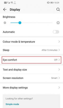 Siit leiate valiku Eye Comfort. Puudutage seda. | Kuidas Androidis sinise valguse filtrit aktiveerida