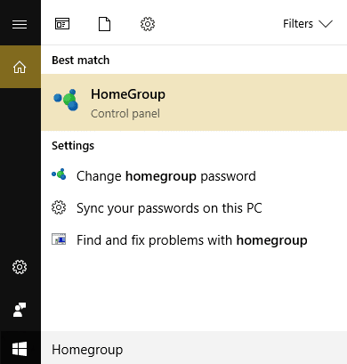 დააწკაპუნეთ HomeGroup Windows ძიებაში