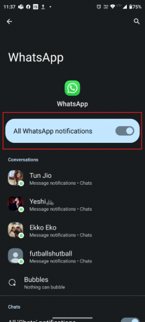 Включете превключвателя Всички известия на WhatsApp, ако е изключен. Коригирайте известията на WhatsApp, които не работят на Android 11