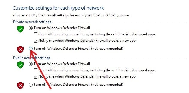 لإيقاف تشغيل جدار حماية Windows Defender لإعدادات الشبكة الخاصة