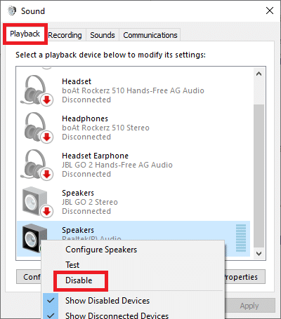 คลิกขวาที่ Speakers แล้วเลือก Disable