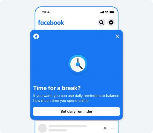 Auf dem Telefonbildschirm wird „Zeit für eine Pause?“ angezeigt. Benachrichtigung für Jugendliche auf Facebook