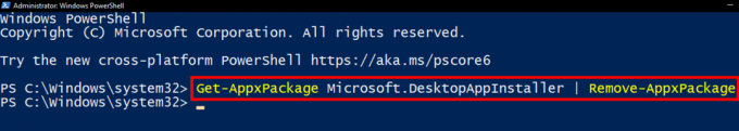 În fereastra PowerShell, copiați și inserați următoarea comandă și apăsați Enter: Get-AppxPackage Microsoft. DesktopAppInstaller | Eliminați-AppxPackage 