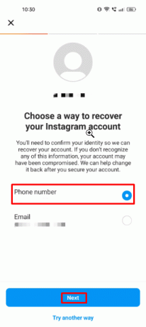 Välj nu alternativet Telefonnummer för att återställa ditt Instagram-konto, om du har glömt din e-postadress.