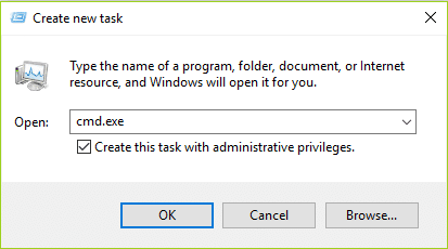 kirjoita cmd.exe kohtaan Luo uusi tehtävä ja napsauta sitten OK | Korjaa Käynnistä-valikko, joka ei toimi Windows 10:ssä