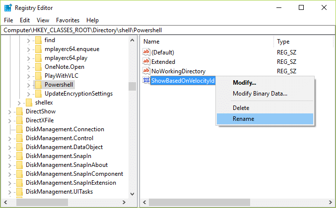 Klicken Sie nun im PowerShell-Ordner mit der rechten Maustaste auf das ShowBasedOnVelocityId-DWORD und wählen Sie Umbenennen