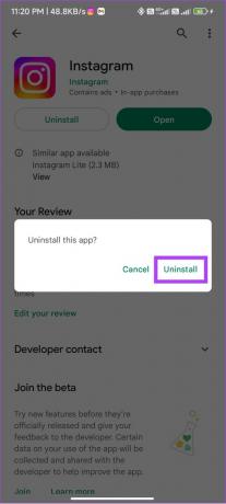 Trykk på avinstaller for å bekrefte sletting av Instagram fra Android