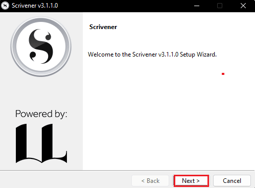 Scrivener のセットアップで [次へ] をクリックします