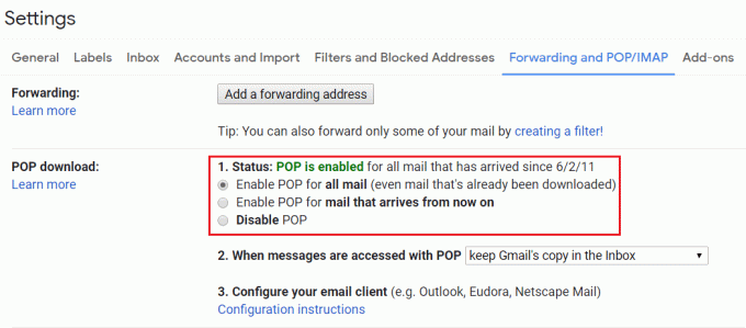 V bloku za prenos POP izberite Omogoči POP za vso pošto