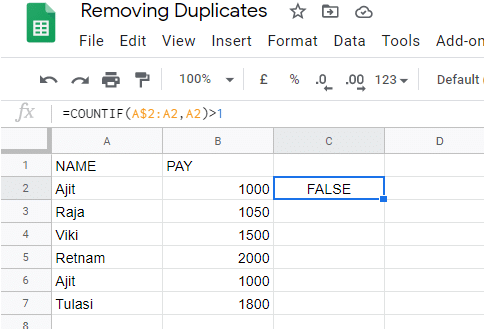 Enter 키를 누르자 마자 결과가 FALSE로 표시됩니다.