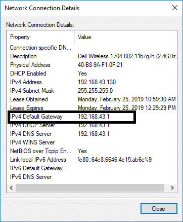 Her vil du se IP-adresse ved siden af ​​IPv4 Default gateway.