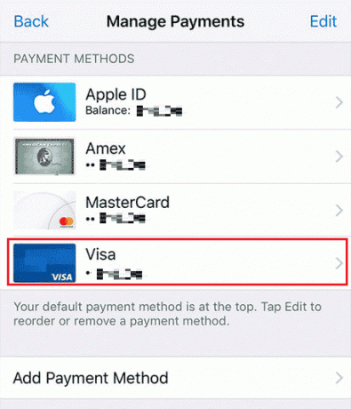 Din toate metodele adăugate, atingeți metoda de plată dorită pe care doriți să o eliminați | Cum să eliminați cardul de credit din ID-ul Apple