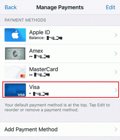 Ze všech přidaných metod klepněte na požadovanou platební metodu, kterou chcete odstranit | Jak odebrat kreditní kartu z Apple ID
