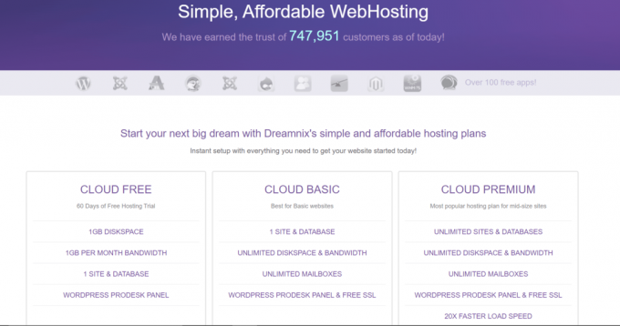 Situs web Dreamnix. Layanan Hosting Situs Web Gratis Terbaik