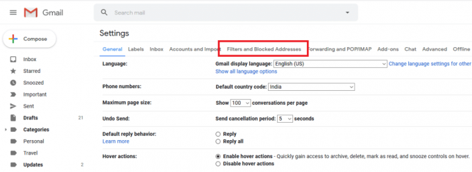 Byt till fliken Filter och blockerade adresser under Gmail-inställningar