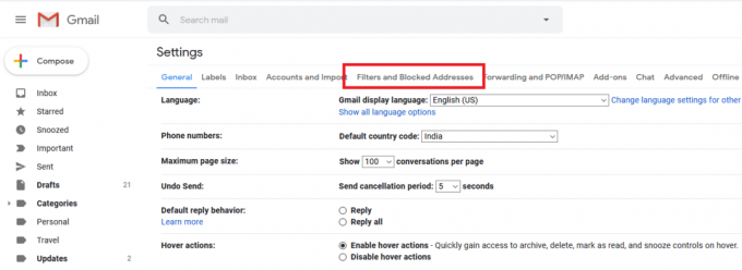 जीमेल सेटिंग्स के तहत फिल्टर और ब्लॉक किए गए एड्रेस टैब पर स्विच करें