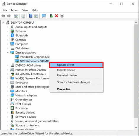 Faceți clic dreapta pe placa grafică a computerului și selectați Actualizare driver. | Remediați problema monitorului PnP generic pe Windows 10