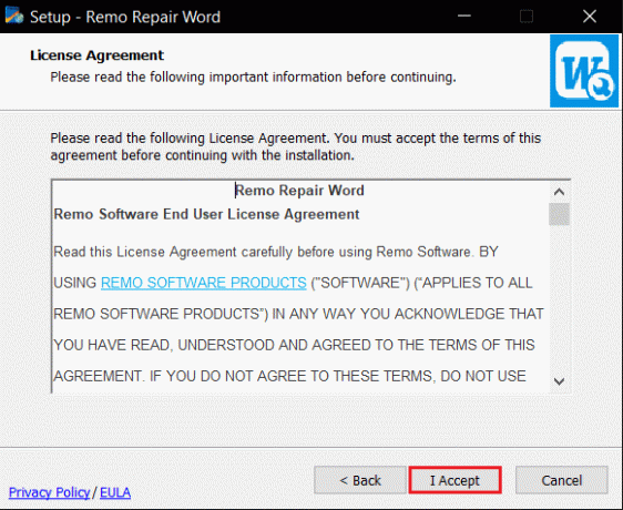 kliknij przycisk Akceptuję w konfiguracji narzędzia Remo Repair Tool