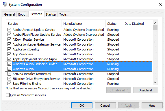 Endpoint audio Windows e Windows Audio msconfig in esecuzione