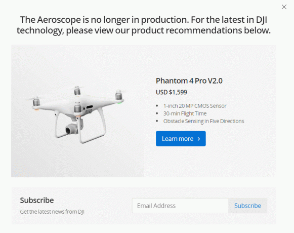 Wyskakujące okienko na stronie DJI Aeroscope