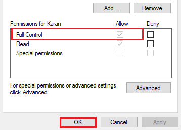 Pažymėkite pilno valdymo langelį ir spustelėkite gerai. Pataisymas Laukia sistemos taisymas, kurį reikia paleisti iš naujo