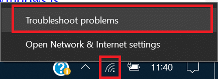 작업 표시줄에서 네트워크 아이콘을 마우스 오른쪽 버튼으로 클릭하고 문제 해결을 클릭합니다.