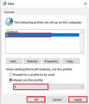 натисніть кнопку Застосувати, а потім ОК, щоб скинути профіль Outlook. Виправити Outlook. Відкривається лише в безпечному режимі в Windows 10