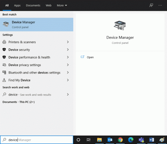 Wpisz Menedżer urządzeń w menu wyszukiwania systemu Windows 10.