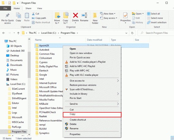 Apoint2K फ़ोल्डर पर राइट क्लिक करें और कॉपी विकल्प पर क्लिक करें