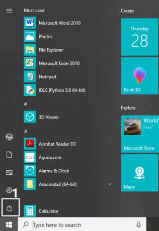 დააწკაპუნეთ Start მენიუზე და შემდეგ დააჭირეთ Power ღილაკს, რომელიც ხელმისაწვდომია ქვედა მარცხენა კუთხეში