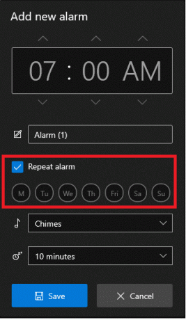 Aktivieren Sie das Kontrollkästchen Wecker wiederholen und klicken Sie auf das Tagessymbol, um den Wecker an den genannten Tagen zu wiederholen.