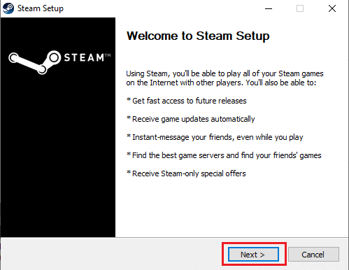 Klicken Sie wie hervorgehoben auf Weiter, um das Steam-Setup zu starten. Steam-Dienstfehler beheben