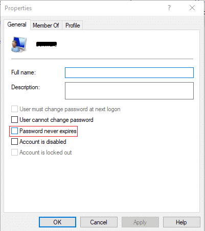 Haal het vinkje weg bij Wachtwoord verloopt nooit | Schakel het verlopen van het wachtwoord in of uit in Windows 10