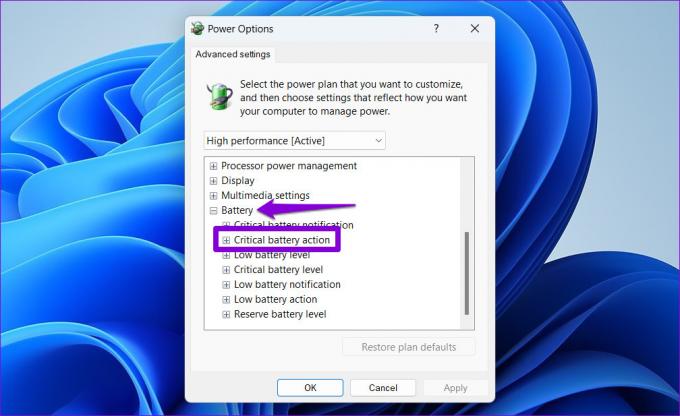 Ação crítica da bateria no Windows 11
