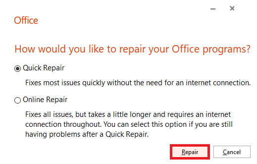 spustelėkite Taisyti, kad „MS Office“ aptiktų ir išspręstų „Word“ aptikto neįskaitomo turinio „Windows 10“ problemą