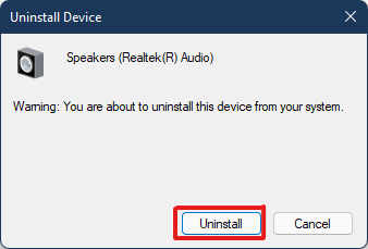 Klicken Sie in der Bestätigungsaufforderung zur Deinstallation des Geräts auf Deinstallieren, um den Realtek-Audiotreiber Windows 11 zu entfernen