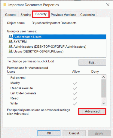 Gehen Sie zur Registerkarte Sicherheit und klicken Sie auf die Schaltfläche Erweitert, um nach speziellen Berechtigungen zu suchen. So beheben Sie Zugriff verweigert Windows 10