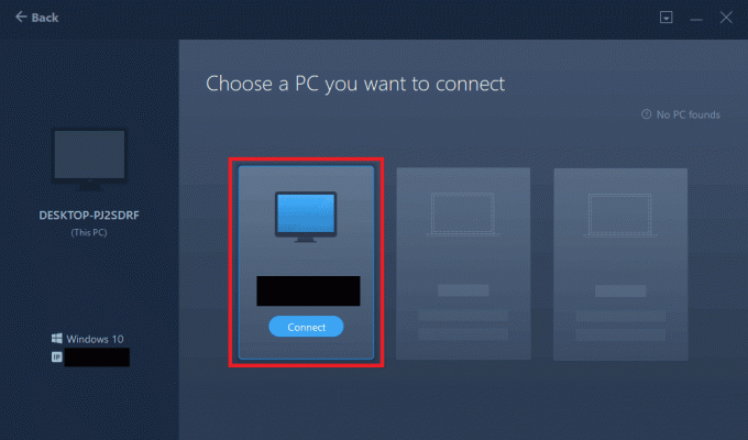 Selectați numele celuilalt PC și faceți clic pe butonul Conectare de pe ecran