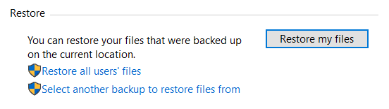 제어판의 백업 및 복원(Windows 7)에서 복원에서 내 파일 복원을 클릭합니다.