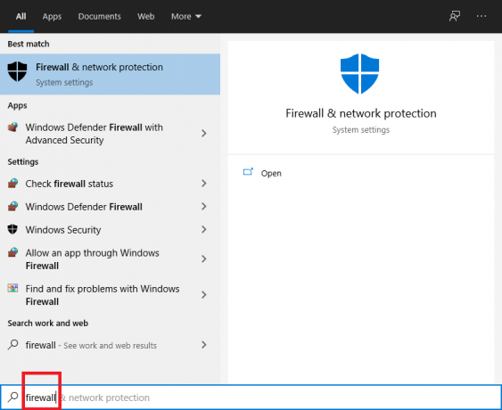 अपने खोज विकल्प के रूप में फ़ायरवॉल टाइप करें